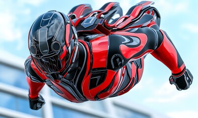 Poster - Futuristic Robot Adventurer, A dynamic 3D robot soaring through the sky with jetpacks, showcasing sleek design and vibrant colors.