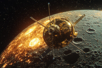 A space probe sending back images from a distant moon, showcasing the importance of unmanned space missions. Concept of space probes.