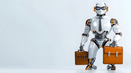 Poster - Futuristic Robot Executive, a sleek 3D robot character confidently holds a briefcase, set against a modern urban backdrop.