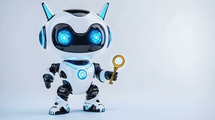 Poster - Futuristic Robot Guardian, a sleek 3D robot character stands confidently, holding a radiant key symbolizing power and discovery in a vibrant realm.