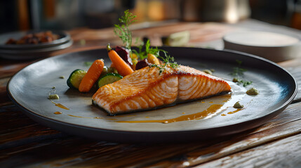 A delectable serving of grilled salmon with vibrant vegetables on a rustic plate, perfect for culinary inspiration.