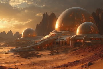 Poster - A space colony concept with domes on Mars, highlighting the potential for human settlement on other planets. Concept of space colonization.