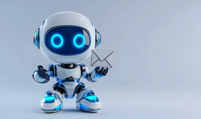 Poster - Futuristic Robot Communicating, A sleek 3D robot character engaged in sending a digital message, showcasing advanced technology and connectivity