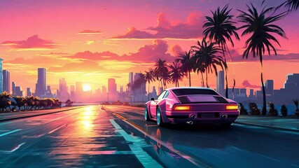 Poster - Car ride on the morning road in 80s retro synthwave or 00s vaporwave style