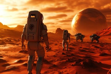Poster - A group of astronauts walks across a red, rocky terrain while rovers stand ready under a dramatic sunset on an alien world. Generative AI