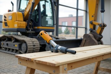 A wooden table with a hammer in front of a yellow excavator