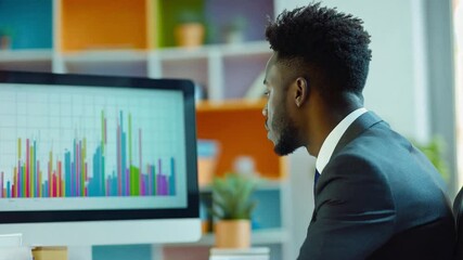 Poster - Professional man analyzing colorful bar graphs at a desk in a modern office environment during the day