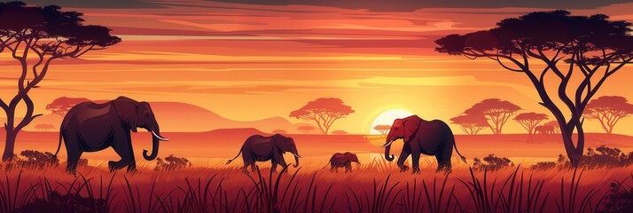 Poster - A family of elephants walks together in the African savanna at sunset, surrounded by tall grass and silhouetted trees against a colorful sky. Generative AI