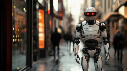 Poster - A robot is walking down a street in a city
