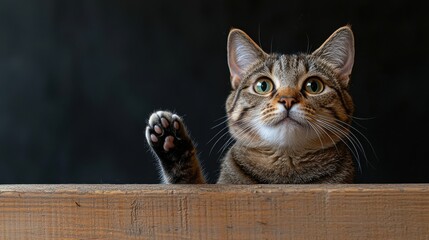 Wall Mural - A curious cat peeks over a wooden surface while raising its paw in a playful gesture against a dark background