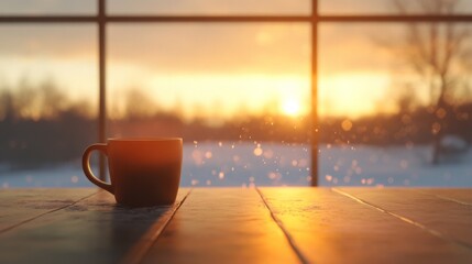 Aufkleber - A cozy cup of coffee rests on a wooden table, bathed in golden light from a breathtaking sunset outside. Snow gently blankets the ground, creating a serene winter atmosphere.