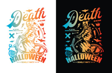 Wall Mural - Death on a Scooter. Halloween Poster. Original vector illustration in vintage style. T-shirt design.