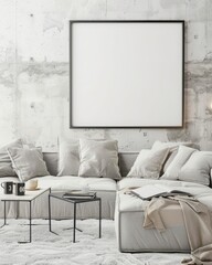 A minimalist living room interior with a large empty frame on the wall. a white sectional sofa. two coffee tables. and a white rug