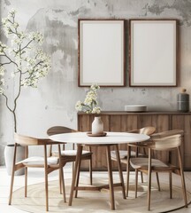 A modern dining room with a round table and four chairs. set against a textured concrete wall with two empty frames. a wooden cabinet. a vase with white flowers. and a rug