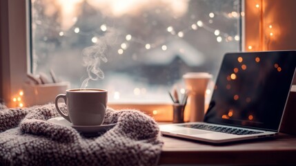 Poster - A steaming cup of coffee sits on a wooden desk beside a laptop, enveloped by a warm blanket. Soft lights twinkle outside the window, creating a cozy ambiance on a winter evening.