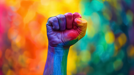 raised fist painted in vibrant rainbow pride colors symbolizes strength, unity, and empowerment for the LGBTQ gay community. Equality and minority human rights concept