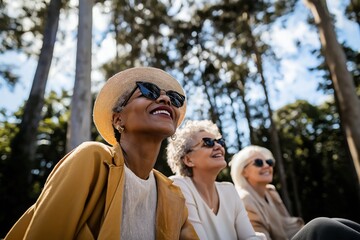 Three women are sitting in a park, smiling and wearing sunglasses. They are wearing hats and are enjoying the sunny day