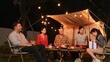© InfiniteFlow - Family together celebrate anniversary in garden. Senior give gift to granddaughter. Outdoor camping activity to relax with relatives, spend time with multigeneration cross generation gap. Divergence.