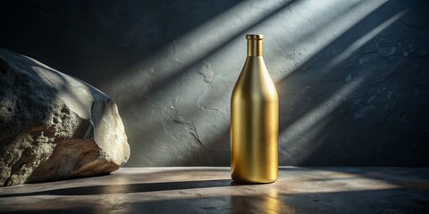 Wall Mural - Golden Bottle in Sunlit Studio, Minimalist Product Photography, Photography, Product Photography