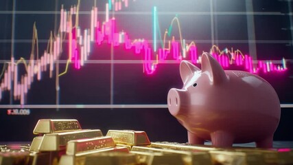 Poster - Financial growth illustrated by a piggy bank beside gold bars and stock market trends