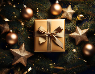 Golden gift box on dark Christmas tree with stars, serpentine, and decorations surrounding _1(406)