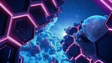 Poster - Vibrant sci-fi scene with synthwave styled towers in breathtaking perspective. Futuristic cyberpunk city in blue and purple colors