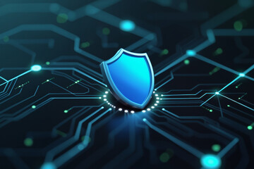 Poster - a blue shield on a circuit board, symbolizing digital protection and security.
