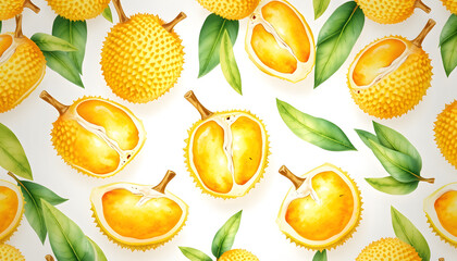 Wall Mural - Watercolor durian tropical seamless pattern isolated with white highlights, png