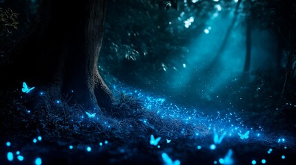Wall Mural - magic forest with light and glowing trees, fantasy landscape.