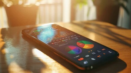 Poster - Close-up of a smartphone displaying colorful data analytics on a wooden table in a sunlit room
