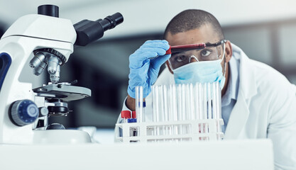 Poster - Man, scientist and lab with blood, thinking and test tube for review with pharmaceutical trial for mpox vaccine. Person, vial or glass container for study, solution or face mask in healthcare crisis