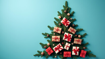 Poster - Gift boxes form a festive Christmas fir tree with holiday decorations on a blue background in a flat lay layout.