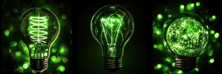 Aufkleber - Three Green Light Bulbs with Different Filaments on a Dark Green Background