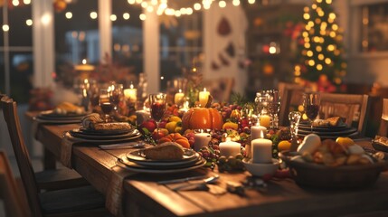 Poster - A table is set for a Thanksgiving dinner with a variety of food and drinks