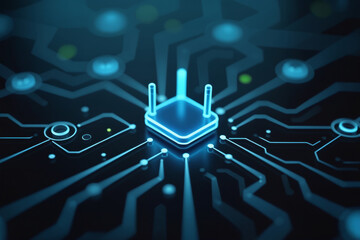 Poster - A circuit board with a glowing blue light, surrounded by electronic components, symbolizing network connectivity and the digital systems that power modern technology.