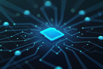Poster - a focused image of a computer chip on a circuit board, highlighting the intricate design and connect