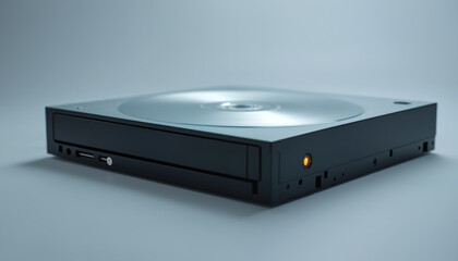 Poster - Modern Gaming Console on Grey Background: Sleek black gaming console on a grey background, representing advanced gaming technology and entertainment devices.