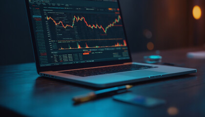 Poster - A laptop on a wooden desk displays a downward-trending stock market chart. The dark background and scattered objects emphasize a professional, finance-focused workspace.