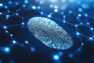 Poster - Abstract Fingerprint with a Blue Glow and Hexagon Pattern