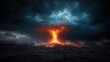 © Maximages  - A vibrant volcanic eruption dominates the scene, with fiery lava contrasting against the dark, stormy sky, and a bolt of lightning adding dramatic impact.