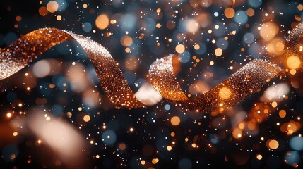 Poster - Sparkling festive ribbon twirling through colorful bokeh lights during a joyful celebration in a dimly lit environment