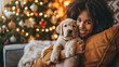 © Jafree - African American Woman Smiling with Puppy by Christmas Tree. Concept of Festive Joy, Pet Companionship, Holiday Cheer, cute little dog, and Christmas Celebrations. Copy space