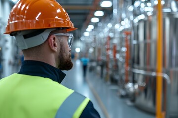 Industrial engineer in safety gear inspecting factory equipment. Manufacturing supervision process. Professional maintenance monitoring