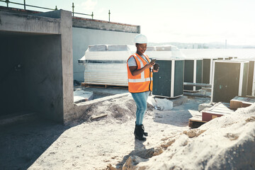 Aufkleber - Black woman, phone and coffee for break at construction site, civil engineer and surfing internet. Female person, urban development and relax on site with espresso cup, builder and communication app