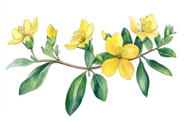 Wall Mural - Watercolor Illustration of Hypericum Perforatum Plant with Essential Oil Drop on White Background