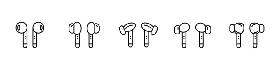 Poster - A set of wireless linear headphones. Outline of bluetooth headphones. A set of devices for listening to music. In-ear and vacuum headphones. Headset vector icon. Stereo headphones vector.