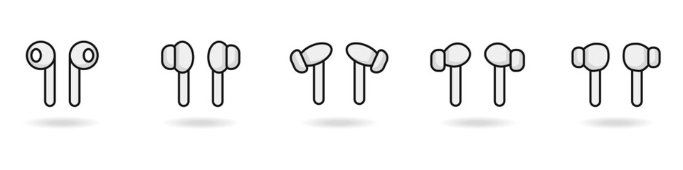 Poster - A set of wireless realistic headphones. Colored bluetooth headphones. A set of devices for listening to music. In-ear and vacuum headphones. Headset vector icon. Stereo headphones vector.
