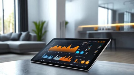 Poster - Analytics dashboard displayed on a tablet in a modern living room with contemporary design and soft natural lighting