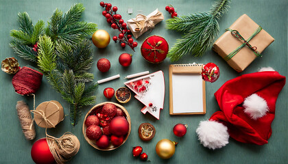 Aufkleber - Flat lay of Christmas decorations with festive items for a happy new year display setup out_1(309)