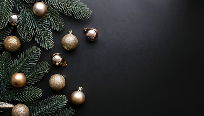 Poster - Flat lay image features black Christmas background with fir tree and holiday decorations in_1(306)